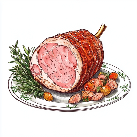 手绘熟食火腿摆放盘子