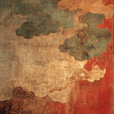 古风壁画中神龙在云海翻腾的画面