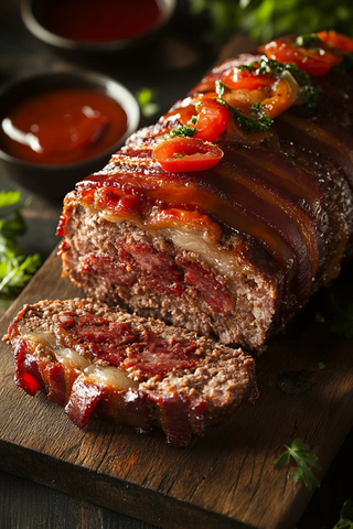 烟熏肉饼裹培根切片木板盛