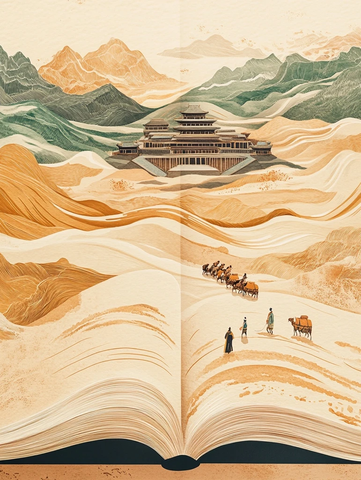 沙漠中行进的驼队与背景中的古建筑