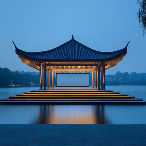 水上古亭夜景灯光映照静谧氛围