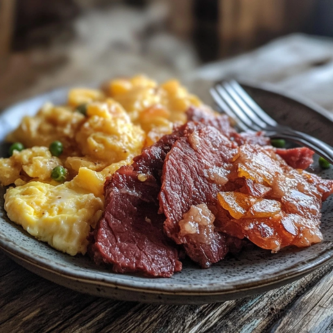 罐装牛肉炒蛋配蔬菜