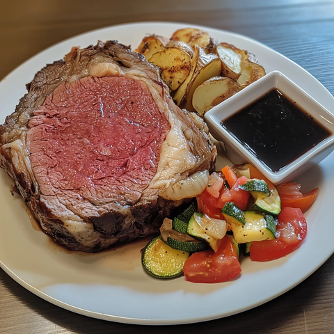 烤牛肉配烤蔬菜和土豆