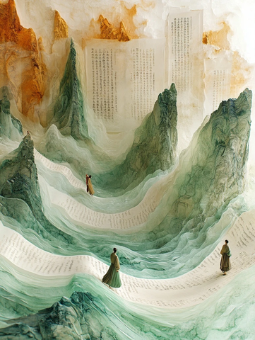 古风人物行走于山水书卷中的场景