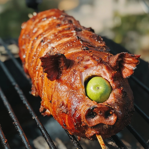 整只猪旋转烤架绿苹果点缀