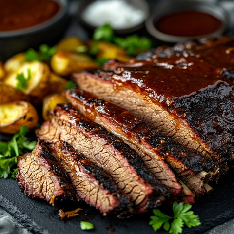 切片烟熏牛胸肉配烤土豆