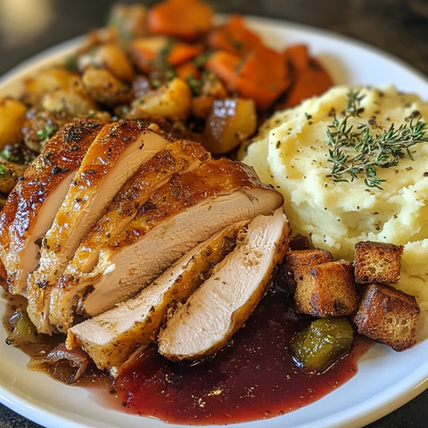 烤火鸡配土豆泥和蔓越莓酱