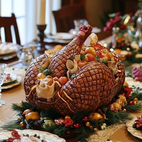 感恩节晚餐桌上的火鸡填充午餐肉