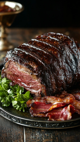 烤牛肩肉与培根摆盘
