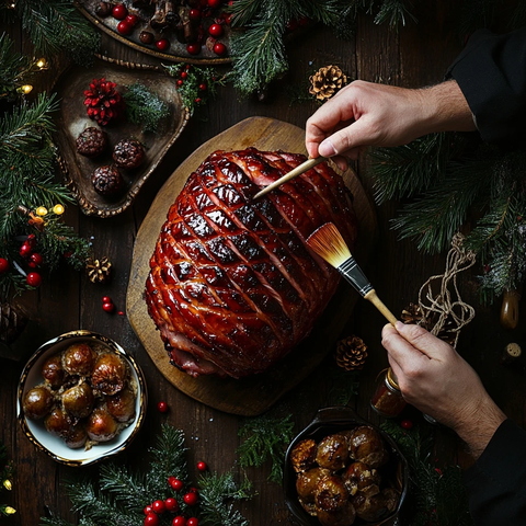 成人刷糖准备烤圣诞火腿