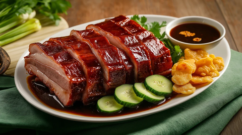 烤乳猪切片配黄瓜葱丝酱料