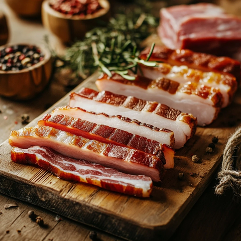 木板上的烟熏培根切片