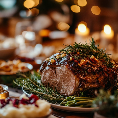 感恩节晚餐烤牛肉与配菜