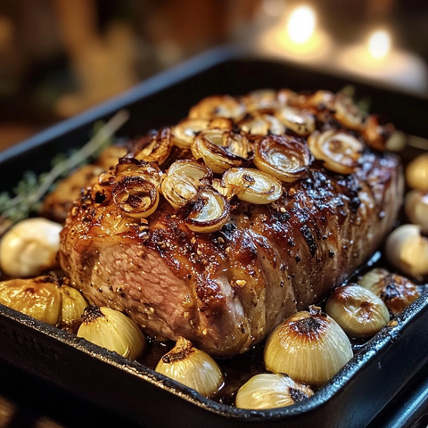 烤猪肉配烤蒜和洋葱