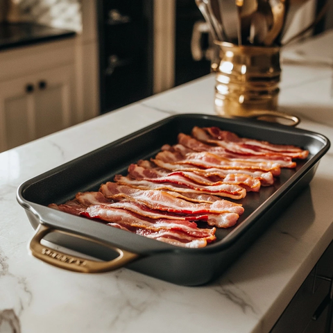 方形烤盘中的培根堆叠