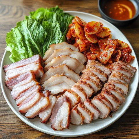 切片猪肉配泡菜和蘸酱