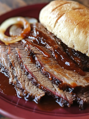 切片牛肉配面包圈与烤洋葱