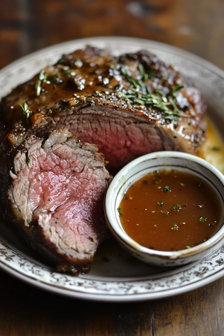 香草调味烤肋眼牛排配肉汁