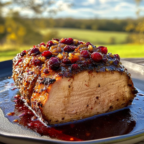 烤猪里脊配苹果酱和蔓越莓
