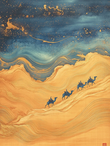 沙漠中骆驼队行进的壮阔景象