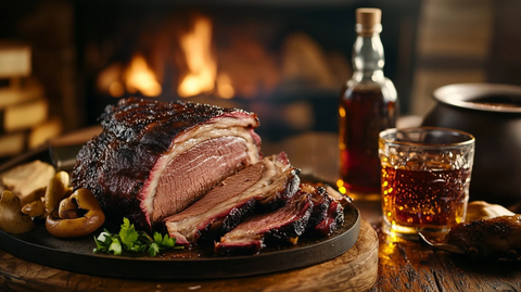 烤肉与玻璃杯配波本酒