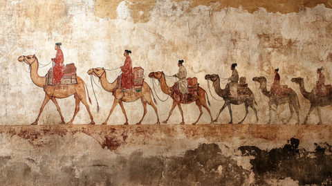 古代人物骑骆驼行进的壁画