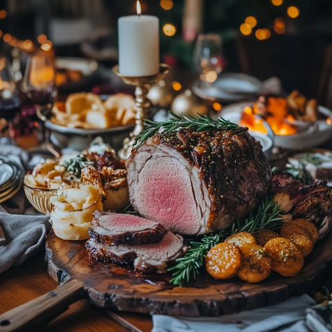烤牛排切片配迷迭香与木盘