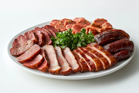白盘上的烟熏肉切片