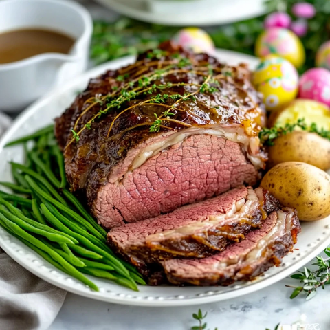 复活节牛排配配菜与彩蛋