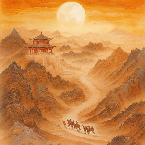 大漠中驼队行进与古亭相伴的壮丽景象