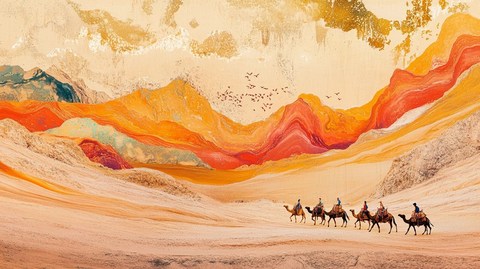 沙漠中骆驼队行进的壮阔景象