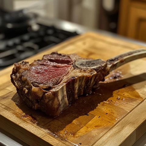 带骨牛排放在切菜板