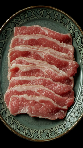 厚切鲜红猪肉片整齐摆放