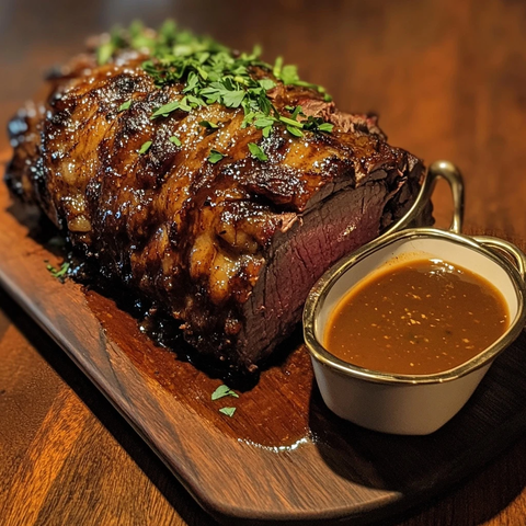 烤牛肉配肉汁和香草装饰