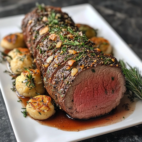 烤牛里脊配蒜香黄油酱