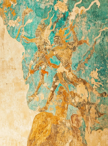 古代壁画上的神话人物激烈打斗场景