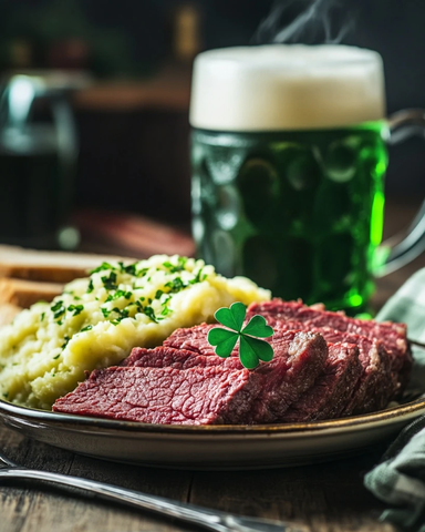 热腾牛肉与土豆泥绿色啤酒