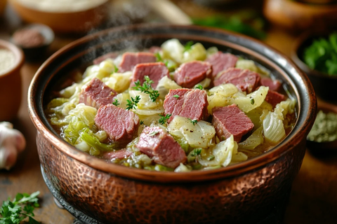 铜锅煮牛肉卷心菜冒热气