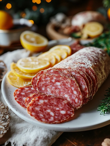 白盘上的米肠与萨拉米