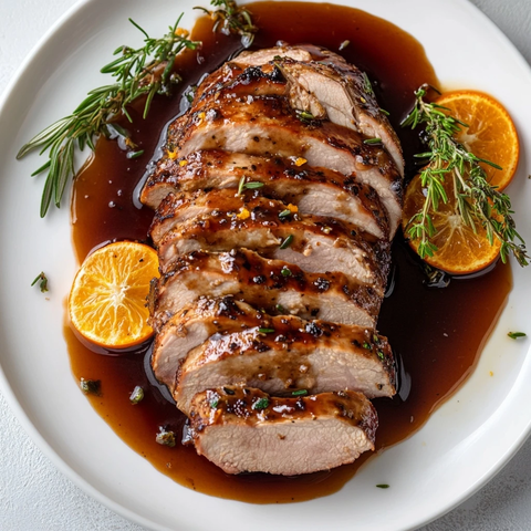 橙香猪肉片与香草装饰