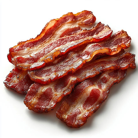 纯白背景上的熟培根片