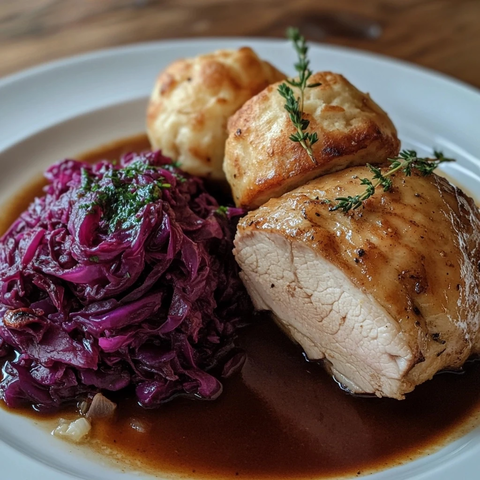 烤猪肉配奶油红甘蓝和面包饺