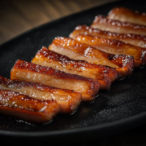 黑盘上整齐排列的烤猪肉条