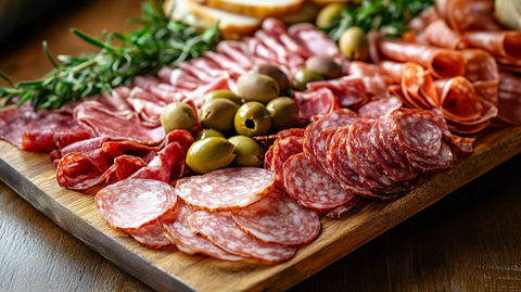 木制熟食板配切片肉和香草