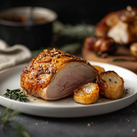 牛排与烤鸡白盘摆放