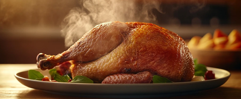 蒸气鸡腿木桌近景