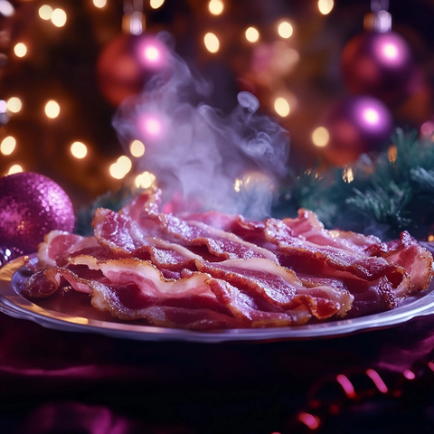 圣诞晚餐粉色蓝色调银盘培根