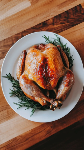 全鸡烤鸡配迷迭香木桌