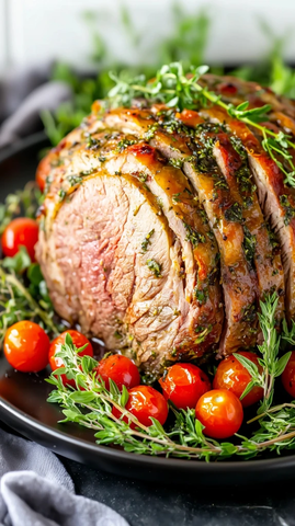 烤肉与香草番茄装饰