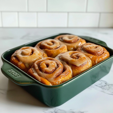 肉桂卷放置大理石台面绿烤盘